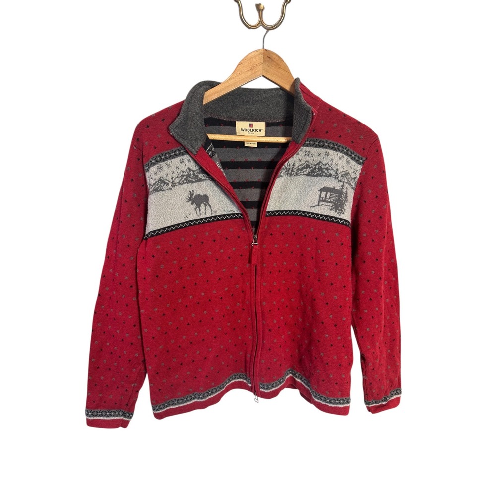 Vintage Woolrich Women's Red Moose Cabin Fair Isle Zip Up Sweater Size Large